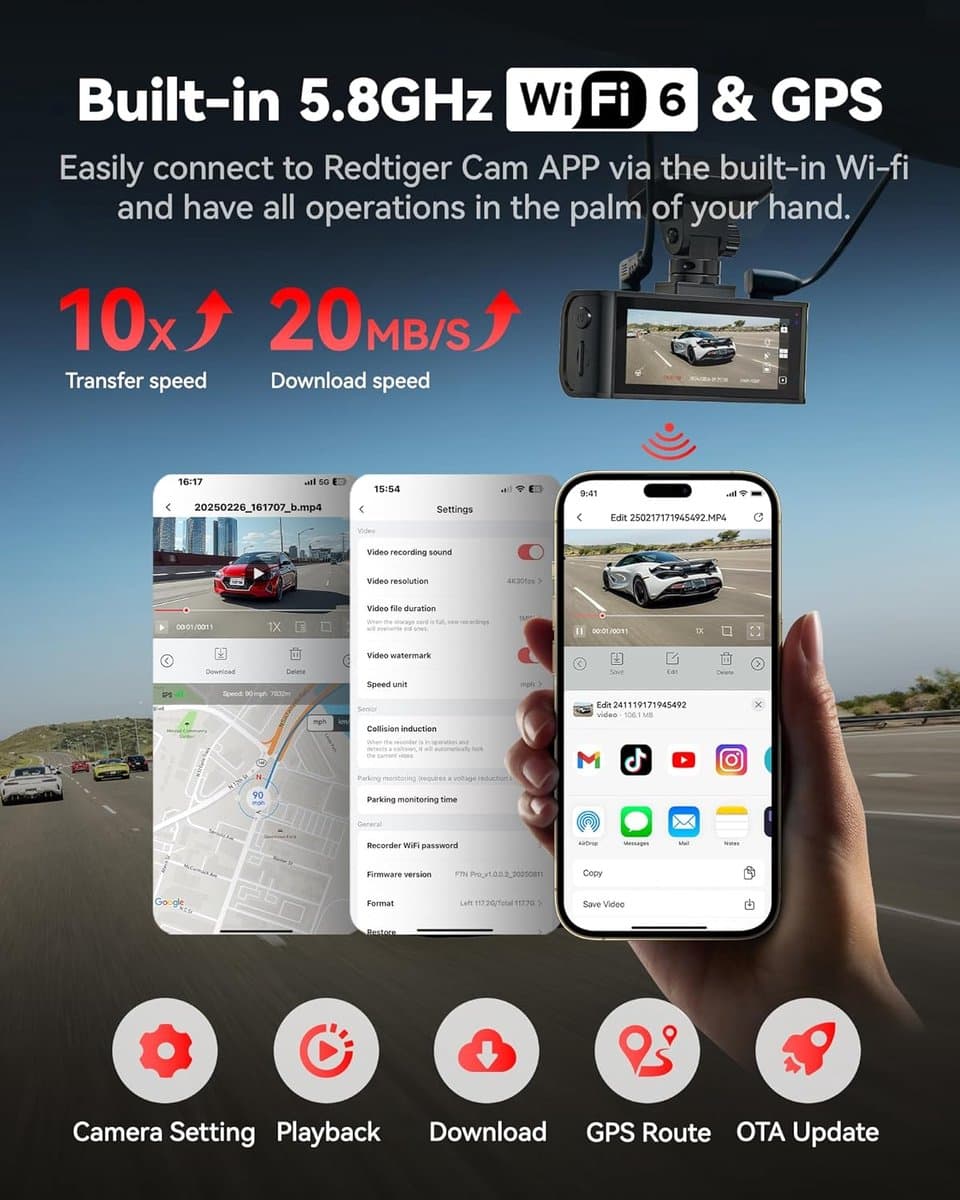 RedTiger F7N Pro Dual Dashcam voor auto - 4K & 1080p - Voor en achter Camera - WiFi en Gps - 3,18 inch LCD met App - Sony Sensor - Nachtzicht - Parkeerbewaking - G Sensor - Loop opname thumbnail 2