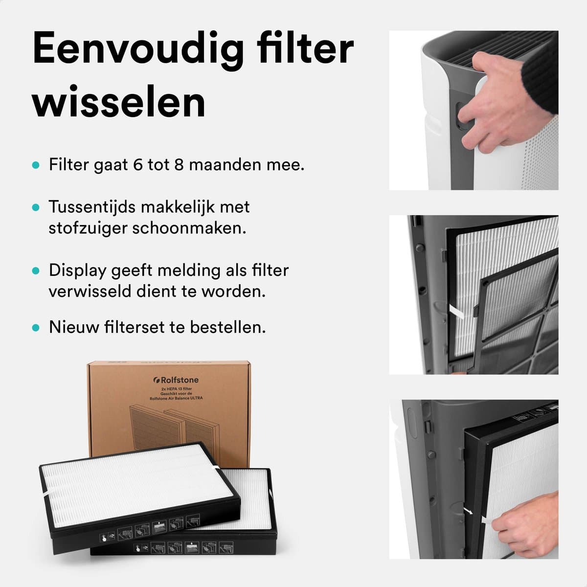 Rolfstone Air Balance Ultra Luchtreiniger – HEPA 13 + koolstoffilter – CADR 660 m³/u – Voor ruimtes tot 144 m² – Vermindert stof en pollen – Fluisterstil – 3 standen + slaapstand + automatische stand – Luchtkwaliteitsindicator thumbnail 4