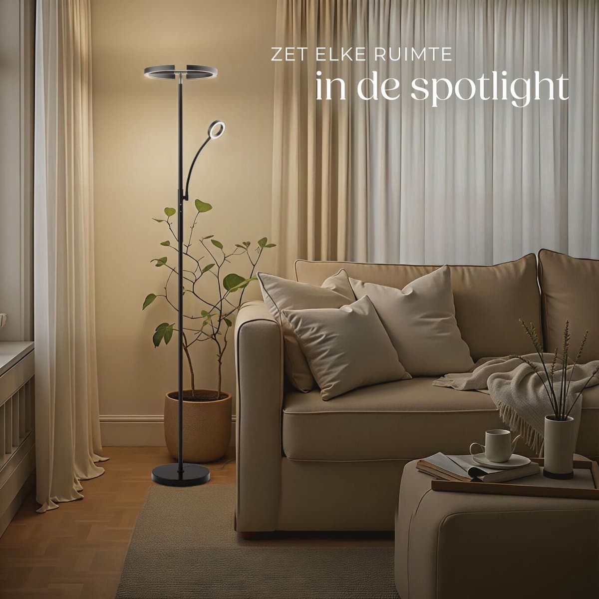 tectake® LED-Vloerlamp - Dimbare vloerlamp - Booglamp - Vloerlamp met leeslicht en afstandsbediening - Sfeerlicht voor woonkamer, slaapkamer, nachtkastje - Leeslamp of bureaulamp - Zwart thumbnail 8