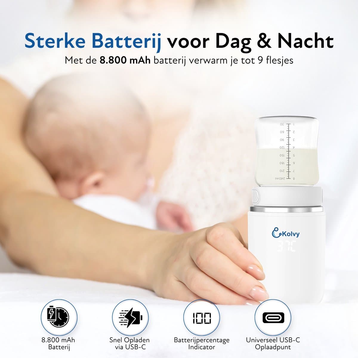 Kolvy® Flessenwarmer Onderweg - Intelligente Flesverwarmer - Bottle Warmer - 4 Temperatuurniveaus - Draadloos - Inclusief 3 Adapters - USB Oplaadbaar thumbnail 5