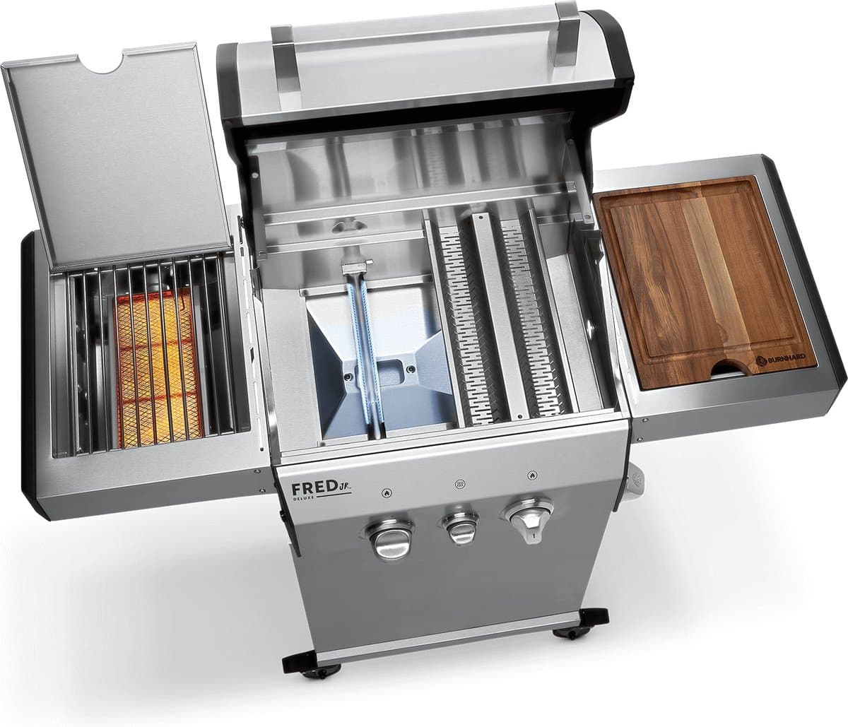 BURNHARD® 2 Branders gasbarbecue FRED Jr. Deluxe Series 3 incl. 900°C keramische infraroodbrander, gietijzeren grillrooster + inklapbare zijtafels thumbnail 2