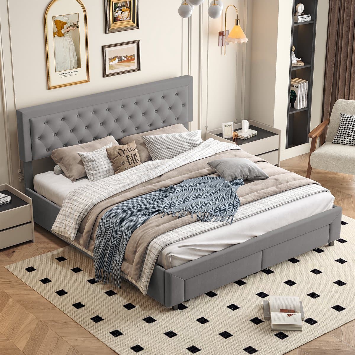 Bed Opbergbed 180x200, Hoofdeinde met Opbergfunctie, Tweepersoonsbed met Lattenbodem, Hydraulisch Bedframe met Opbergruimte, grijs thumbnail 8
