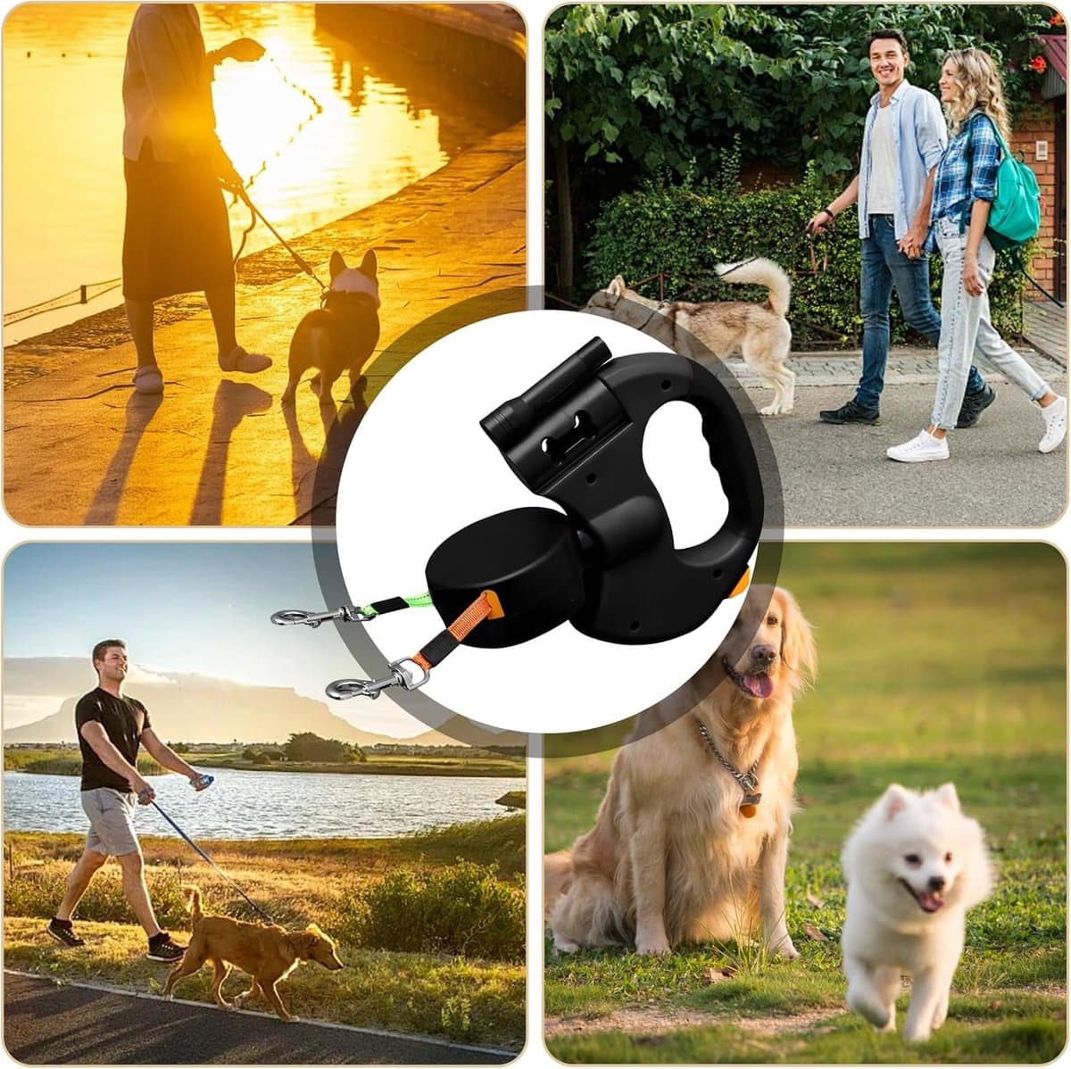 Dubbele hondenriem voor 2 honden - Flexibele, intrekbare hondenriem met LED-lampje - Hondenriem van 3 m - Intrekbare hondenriem met comfortabele ergonomische handgreep - Intrekbare riem -Zwart-20.5*18.2*4.5cm thumbnail 7
