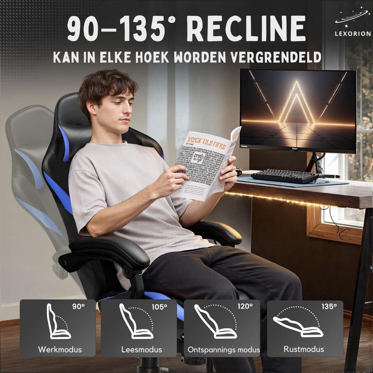 Lexorion Gaming Stoel – Ergonomische Gaming Chair – Inclusief Gratis RGB Gamingmuis Cadeau – Verstelbaar – Lederen Gamestoel – 136 kg – Blauw – Bureaustoel thumbnail 5