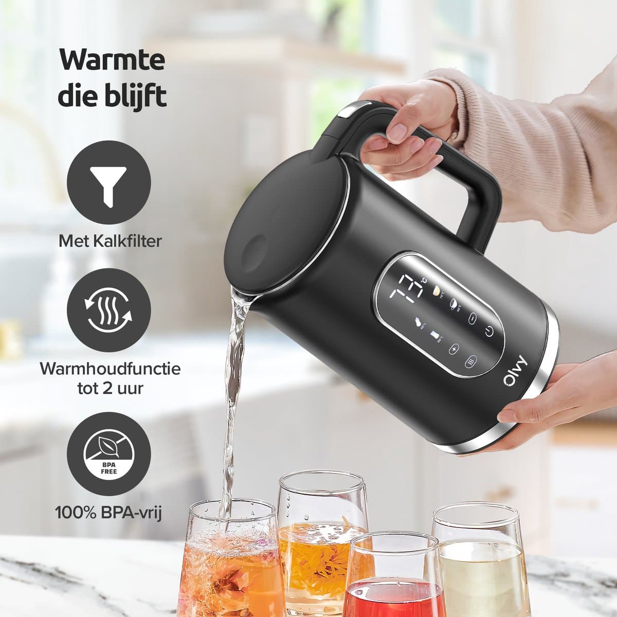 Olvy Waterkoker met Temperatuurregeling - Warmhoudfunctie - RVS - Dubbelwandig - Elektrisch - 1.7 Liter - 2200W - Zwart thumbnail 5