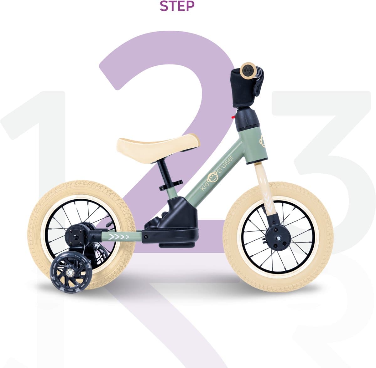 Kidcruiser Loopfiets 2+ jaar - Optioneel met LED Zijwieltjes & Trappers - 3-in-1 Kinderfiets - 12 inch – Zacht Groen & Creme wit – Modulair Design thumbnail 6