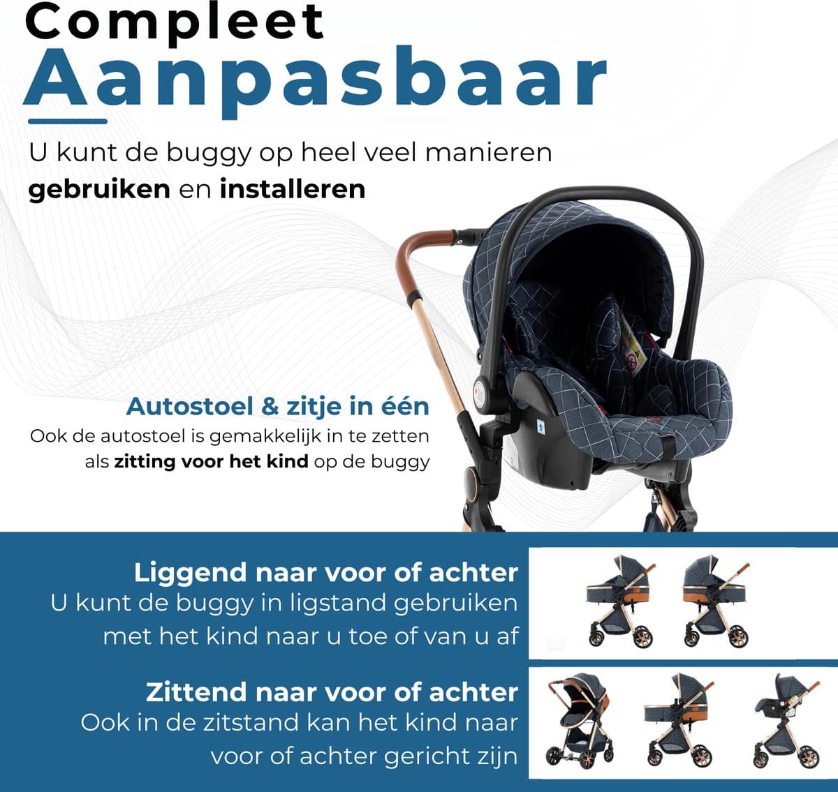 Lunola Nova - Kinderwagen 3-in-1 - incl. autostoel - 0-20kg - XXL - Multifunctionele Buggy 3in1 - Blauw thumbnail 6