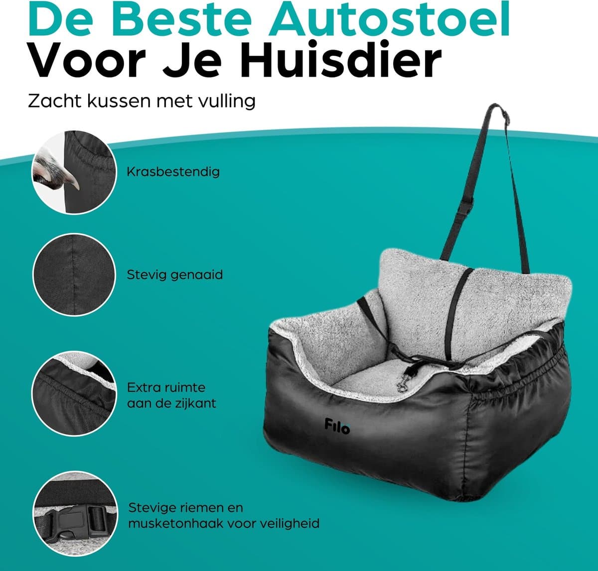 Filo Wasbare Autostoel Hond met Gordel - Hondenmand Auto - Voor in de Auto en Achterbank -Automand Honden - Hondenstoel - Hondenmand thumbnail 4