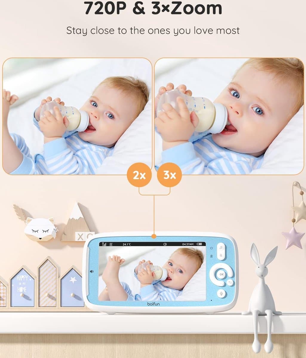 BOIFUN Video Babyfoon, 5-inch 720P IPS Full Color Scherm, 360 Camera, ECO-modus, 3050mAh Batterij, Geen Wifi, Nachtzicht, Tweerichtingsaudio, Voedingsherinnering, Temperatuursensor, Slaapliedjes thumbnail 8