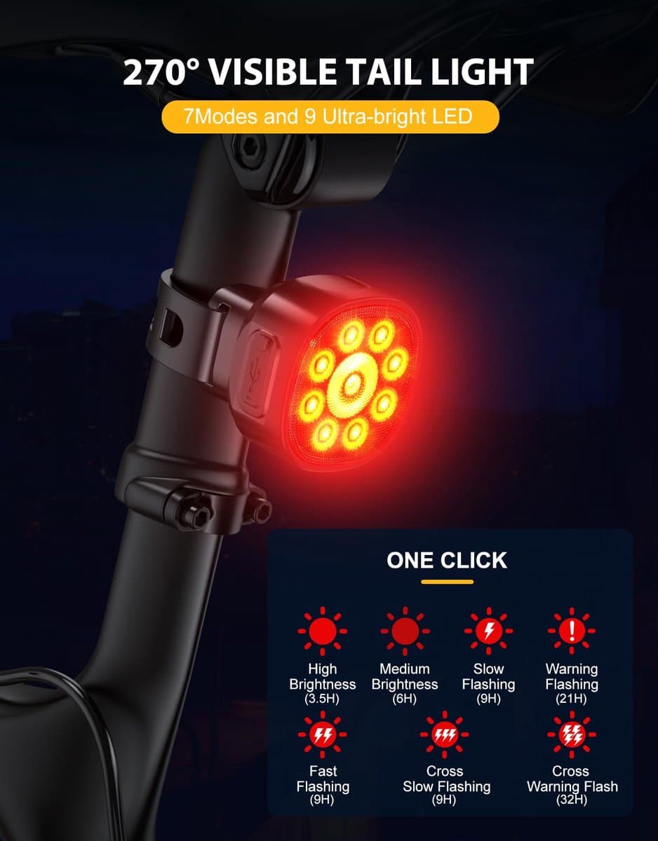 Fietsverlichting Set LED - Fietsverlichting - Fietslampjes Voorlicht & Achterlicht - Fietslamp USB Oplaadbaar - MTB & Racefiets Verlichting - Waterdicht Fietslicht thumbnail 7