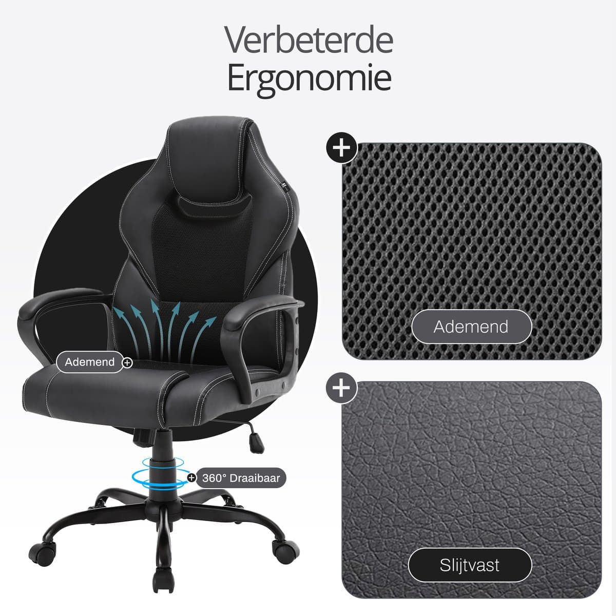 Meisterhome® Ergonomische bureaustoel - Metalen Onderstel - met wieltjes - - Gamestoel – Draaistoel – Wipfunctie – Hoogteverstelling - Gevoerde armleuningen - Executive stoel - Zwart thumbnail 8
