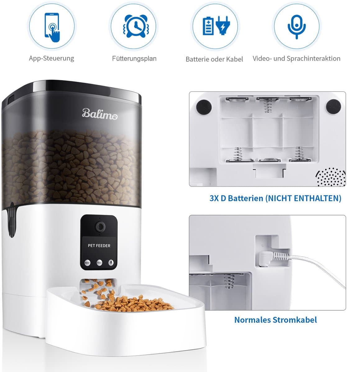Balimo Automatische voerbak Wit - Kat en Hond - Voerautomaat met App en Camera - Instelbaar voedingsschema - Met Voice Recorder - Met HD 1080P Video - Voerautomaat hond - Voerautomaat dispenser kat - 4L thumbnail 8