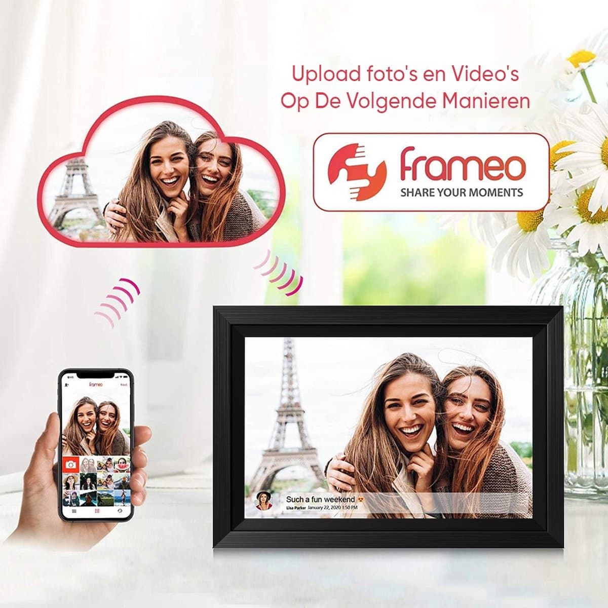 Digitale fotolijst met WiFi en Frameo App - 10.1 inch HD+ IPS Display - Fotokader met Touchscreen - 32GB - Zwart/Zwart - Frameo digitale fotolijst - digitale fotokader - digitaal fotolijstje thumbnail 2