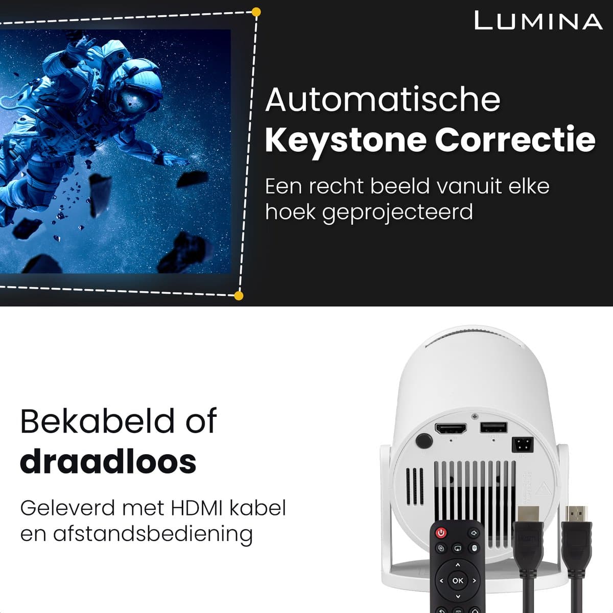 Lumina® Pro Mini Beamer 2026 – Android 14 Smart Projector met Google Playstore – Thuisbioscoop – Voor iOS & Android – WiFi 6 & Bluetooth 5.4 – Wit thumbnail 7