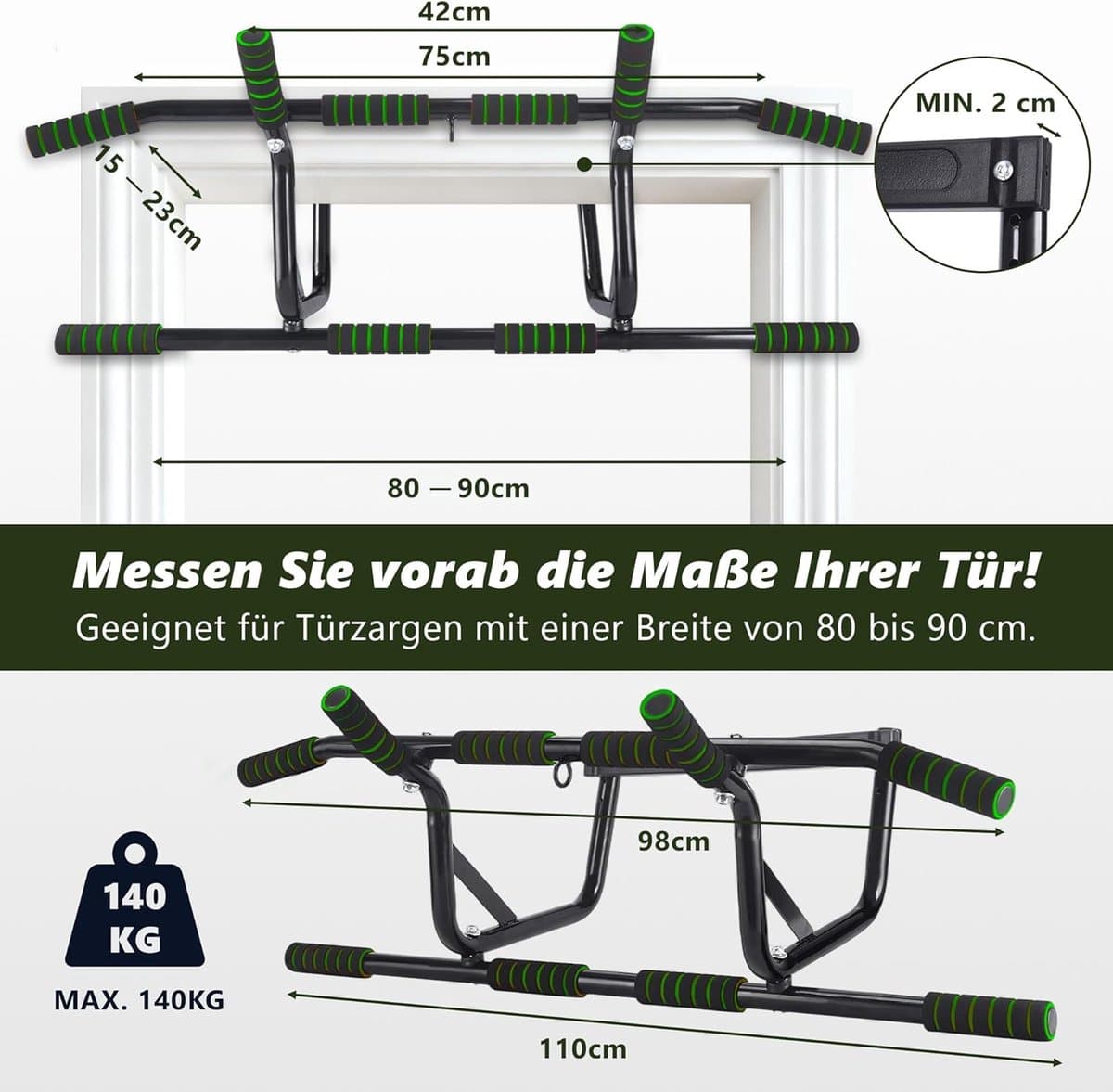 NETTLIFE Pull Up Bar - Pull-upstang voor deurkozijn - 140kg Draagkracht - met gewatteerde antisliphandgrepen - Optrekstang Wandmontage - Trainingsapparaat voor deurkozijn 80-90 cm - Pull Up Station voor Thuis Sporten - Thuis Fitness - groen thumbnail 3