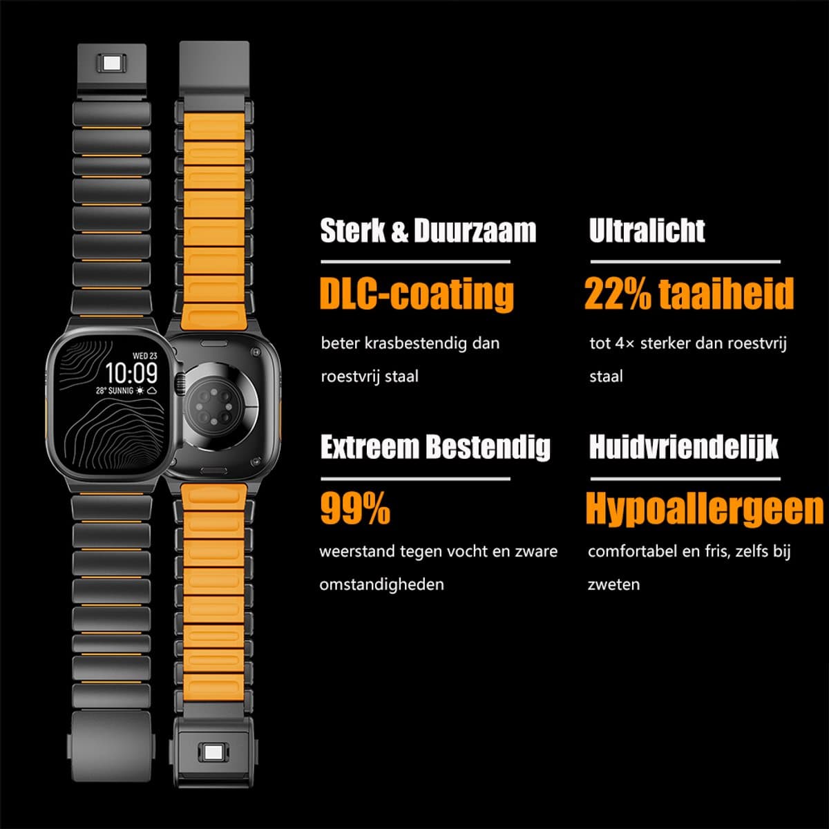 Stravo Premium Magnetisch Titanium Horlogeband met Siliconen Binnenlaag voor Apple Watch 46mm (Series 10/11) / 45mm (Series 7/8/9) / 44mm (Series 4/5/6/SE) / 49mm (Ultra 1/2/3) – Luxe bandje - Zwart / oranje thumbnail 5