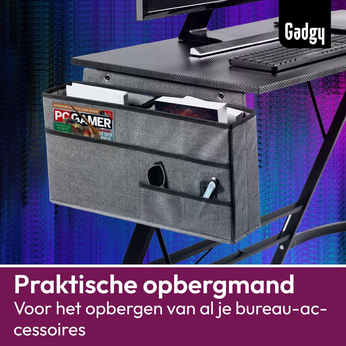 Gadgy Gaming Bureau Carbon PRO - Game HoekBureau 130 CM Breed - Game Bureau met Carbon Details - Gaming Desk met Koptelefoonhouder, Scherm Verhoging & Opbergmand - Level Up met Gadgy - Zwart Carbon thumbnail 8