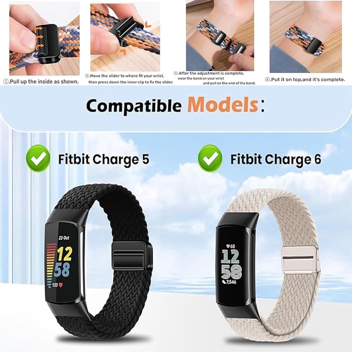 Verstelbare en Comfortabele Nylon Horlogeband voor Fitbit Charge 5 en 6 - Magnetische Stretchy Loop Straps voor Dames en Heren, Ideaal voor Fitness Tracker Gebruik thumbnail 2
