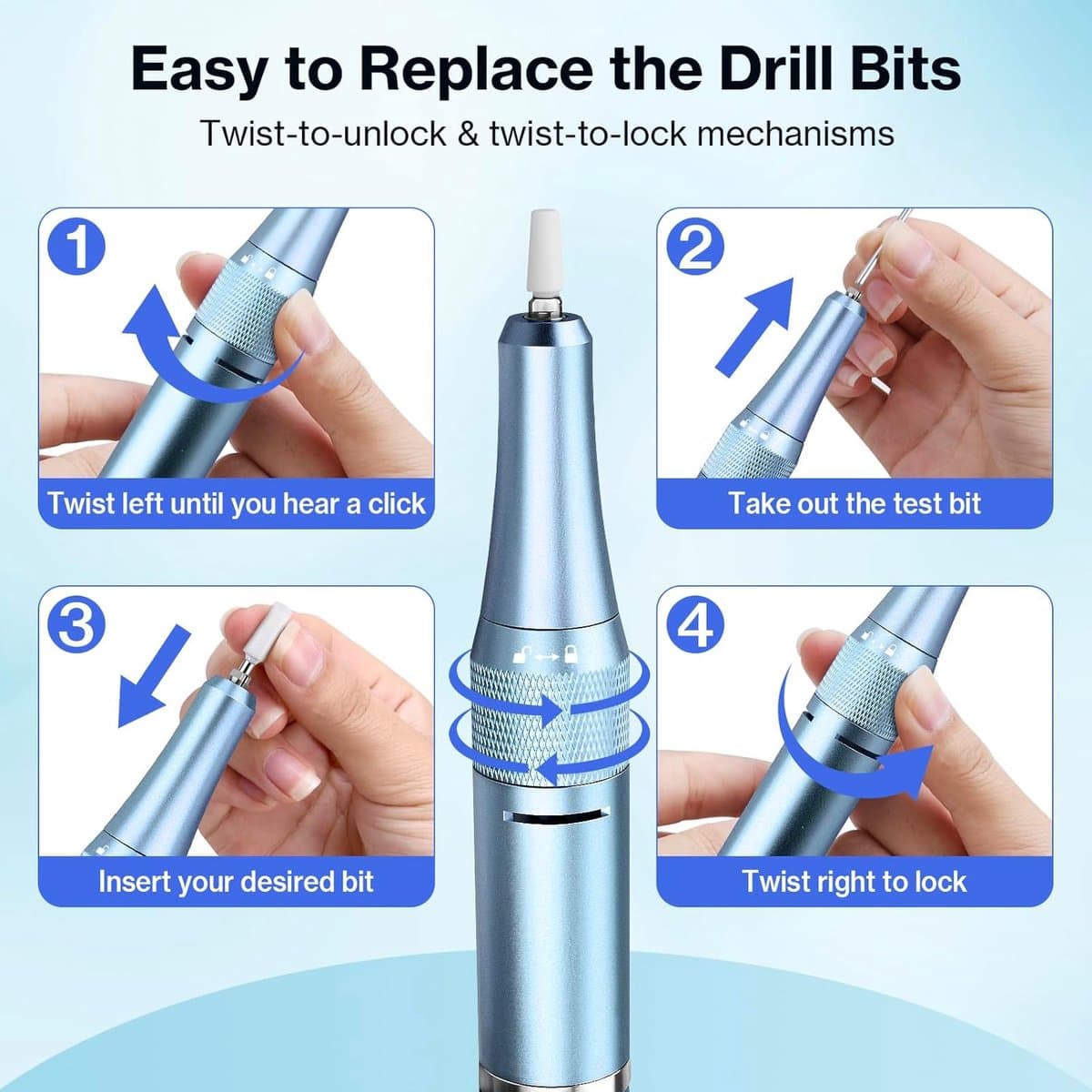 SnelShoppen - Professionele Nageldroger 40000RPM, Elektrische Nagelvijl voor Acryl en Gel Nagels, Multifunctioneel Nagelset met 12 Bits, Luminous Touc thumbnail 4