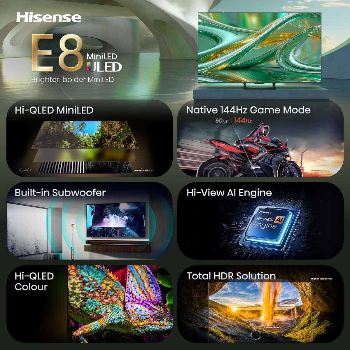 Hisense 55E8S SmartTV - 55 inch - 4K Hi-QLED MiniLED - 2026 - 600 nits - Native 144Hz Game Mode - Built-in Subwoofer - Hi-View AI Engine - Hi-QLED Colour - Total HDR Solution thumbnail 5