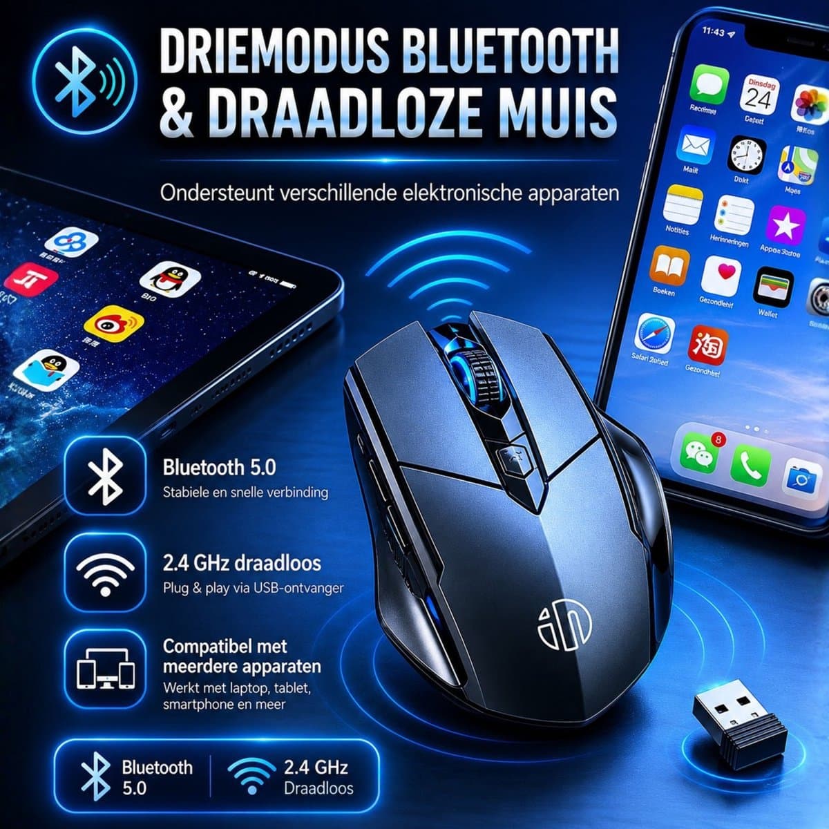 Garpex® Draadloze Computermuis – Ergonomische Draadloze Muis met Bluetooth & USB Ontvanger – Oplaadbare Wireless Mouse – 3 Apparaten Tegelijk – Stil Klikken – 7 Knoppen – 800/1200/1600 DPI – Zwart thumbnail 5