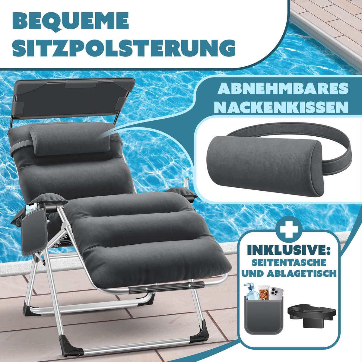 KESSER Luxe Ligstoel – Extra Breed & Comfortabel – Dikke Kussens, Armleuningen, Hoofdkussen, Bijzettafel & Opbergvakken – Ergonomisch & Antislip – Tuin of Balkon thumbnail 3