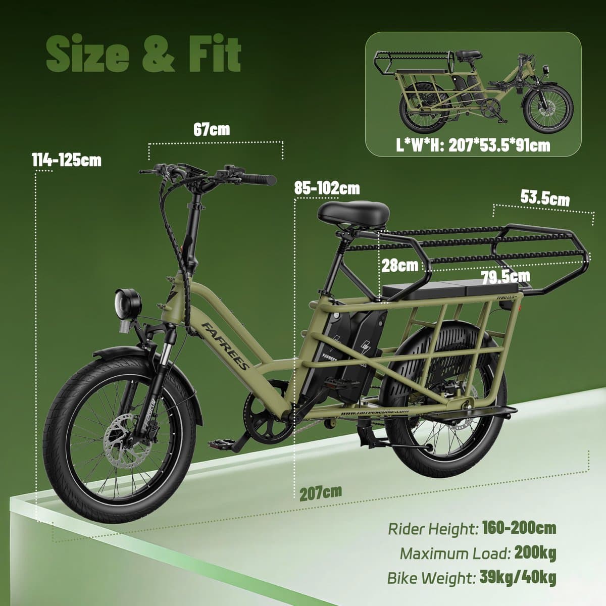 FAFREES FF20 CUV Familie Longtail E-Cargo Bike – Modulair, Dual-Accu 140km Bereik, 200kg Laadvermogen, Hydraulische Remmen – Zwart thumbnail 3