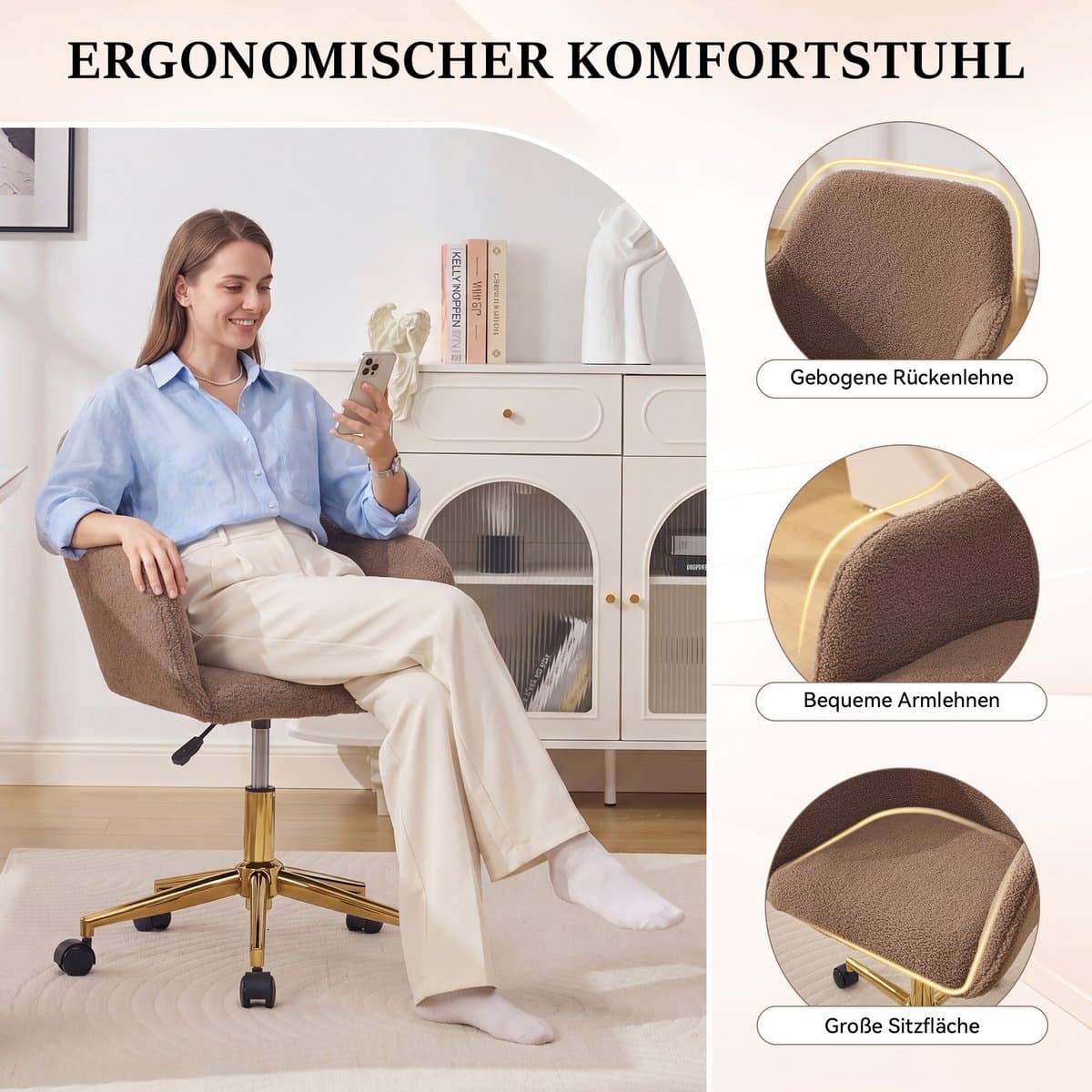 MIVRAY Bureaustoel Teddystof Met Verstelbare Zithoogte, 360° Draaibaar, Gouden Onderstel, Voor Thuiswerk En Kantoor, Bruin thumbnail 5