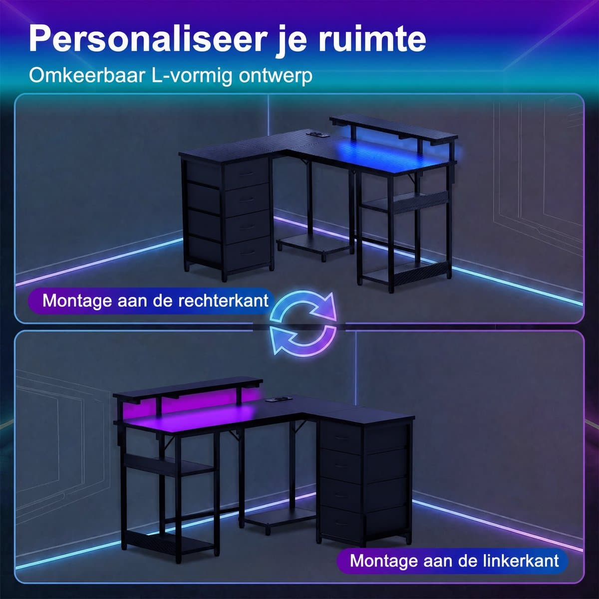 Devoko L-Vormig Gaming Bureau 135 x 50/40 x 73.5/88.5 cm – Met RGB LED-Lichtstrook – 12 mm E1 Spaanplaat – Koolstofvezel Zwart – Inclusief EU Stekkerdoos met 2 USB – Zwart thumbnail 5