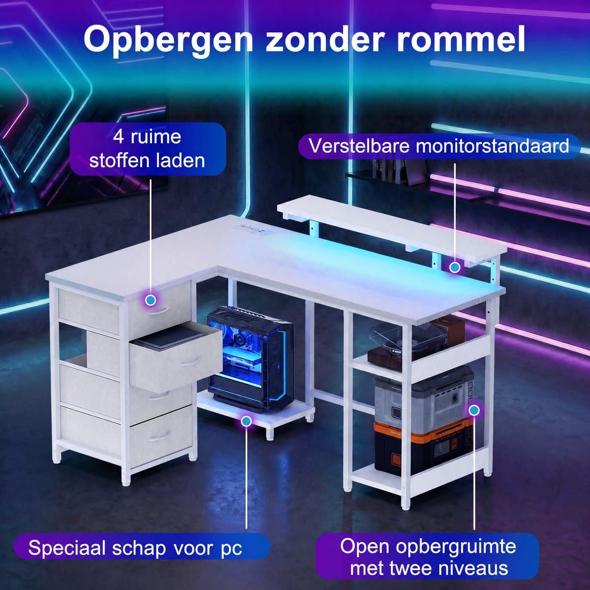 Devoko L-Vormig Gaming Bureau 135 x 50/40 x 73.5/88.5 cm – Met RGB LED-Lichtstrook – 12 mm E1 Spaanplaat – Koolstofvezel Wit – Inclusief EU Stekkerdoos met 2 USB – Wit thumbnail 7