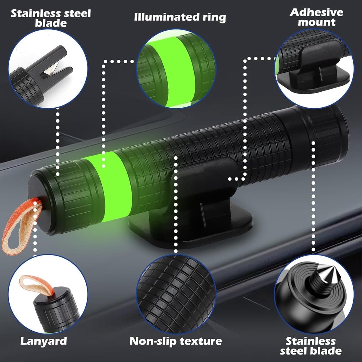 Noodhamer Autogordelsnijder - 2-in-1 Gereedschap - Veiligheid Onderweg - Met Lichtring - Compact Formaat - Zwart thumbnail 3