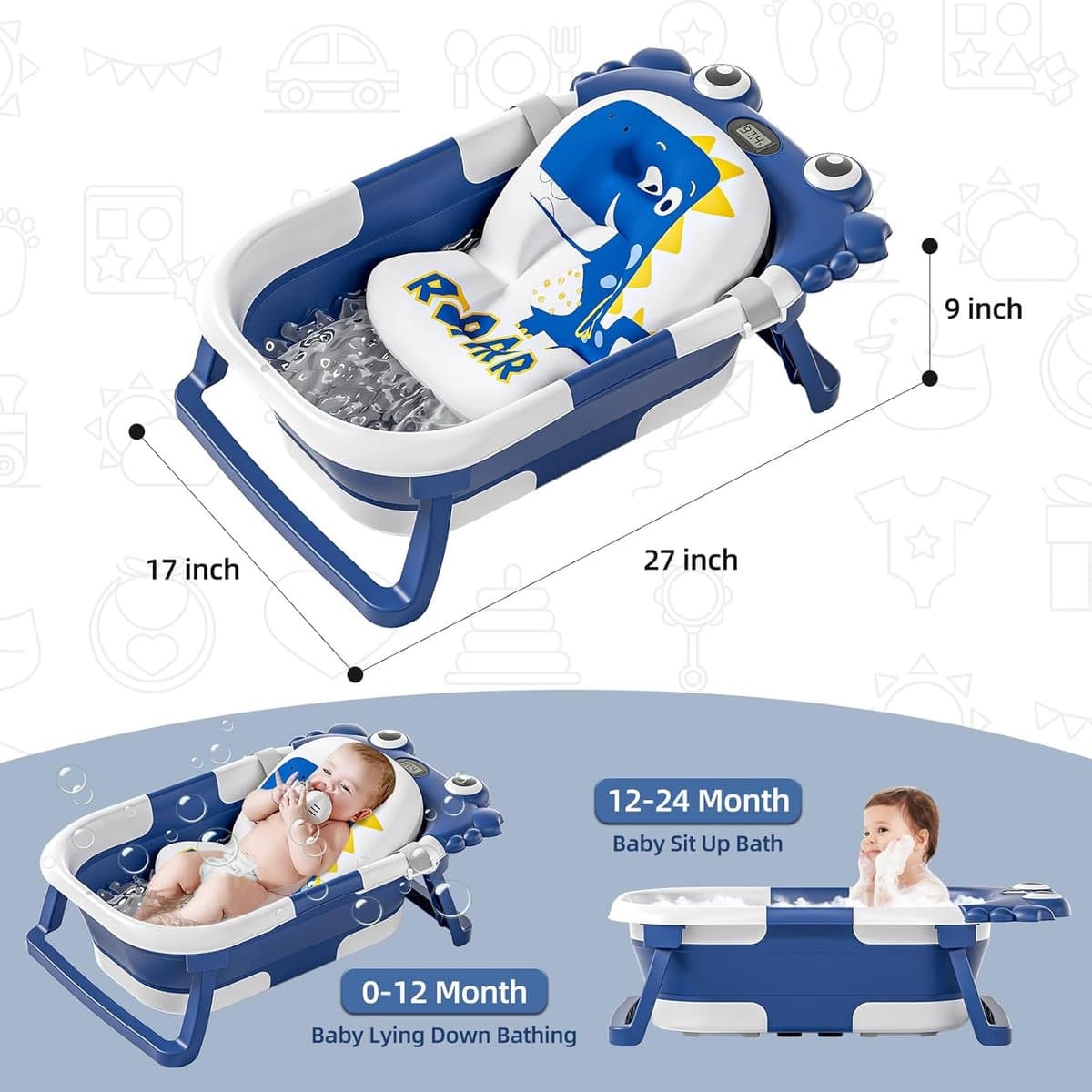 Opvouwbare babybadkuip - Draagbaar babybad - Veilig badderen - Realtime temperatuurmeter - Compact opvouwbaar - Donkerblauw thumbnail 2