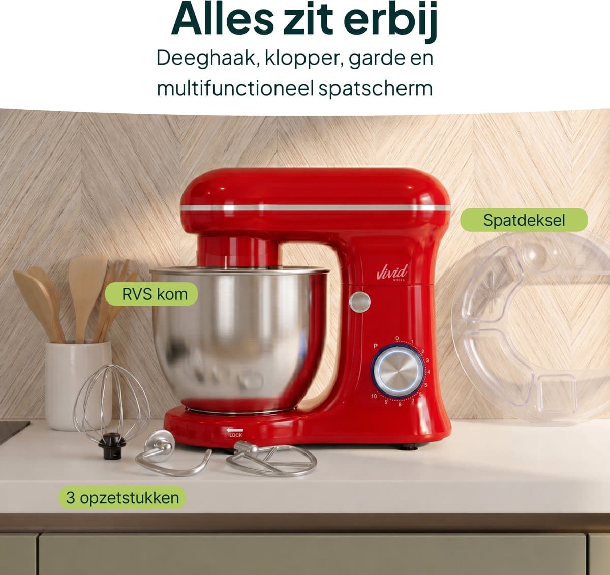 Vivid Green 1500W Keukenmixer - 5L Mengkom - 10 Snelheden - Keukenmachine - Keukenrobot - Rood thumbnail 5