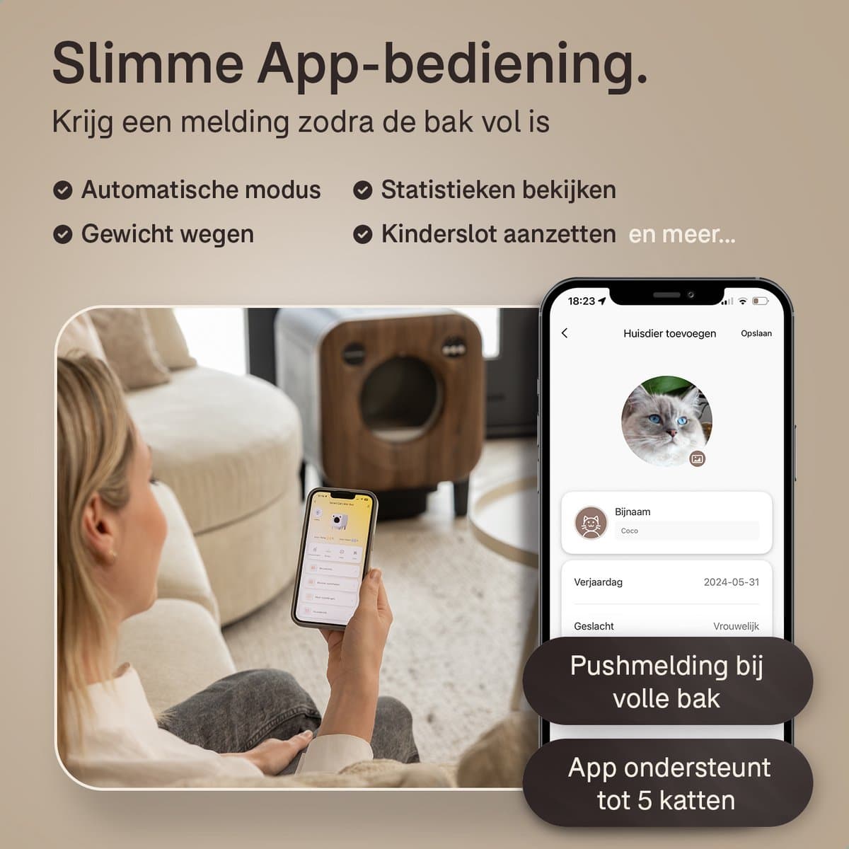 Zentriq Automatische Kattenbak – Zelfreinigend met App & 4k Camera – Cat Pod Q10 - XXL 75L – Stil & Veilig – Incl. Mat en 3 Rollen Opvangzakken thumbnail 4