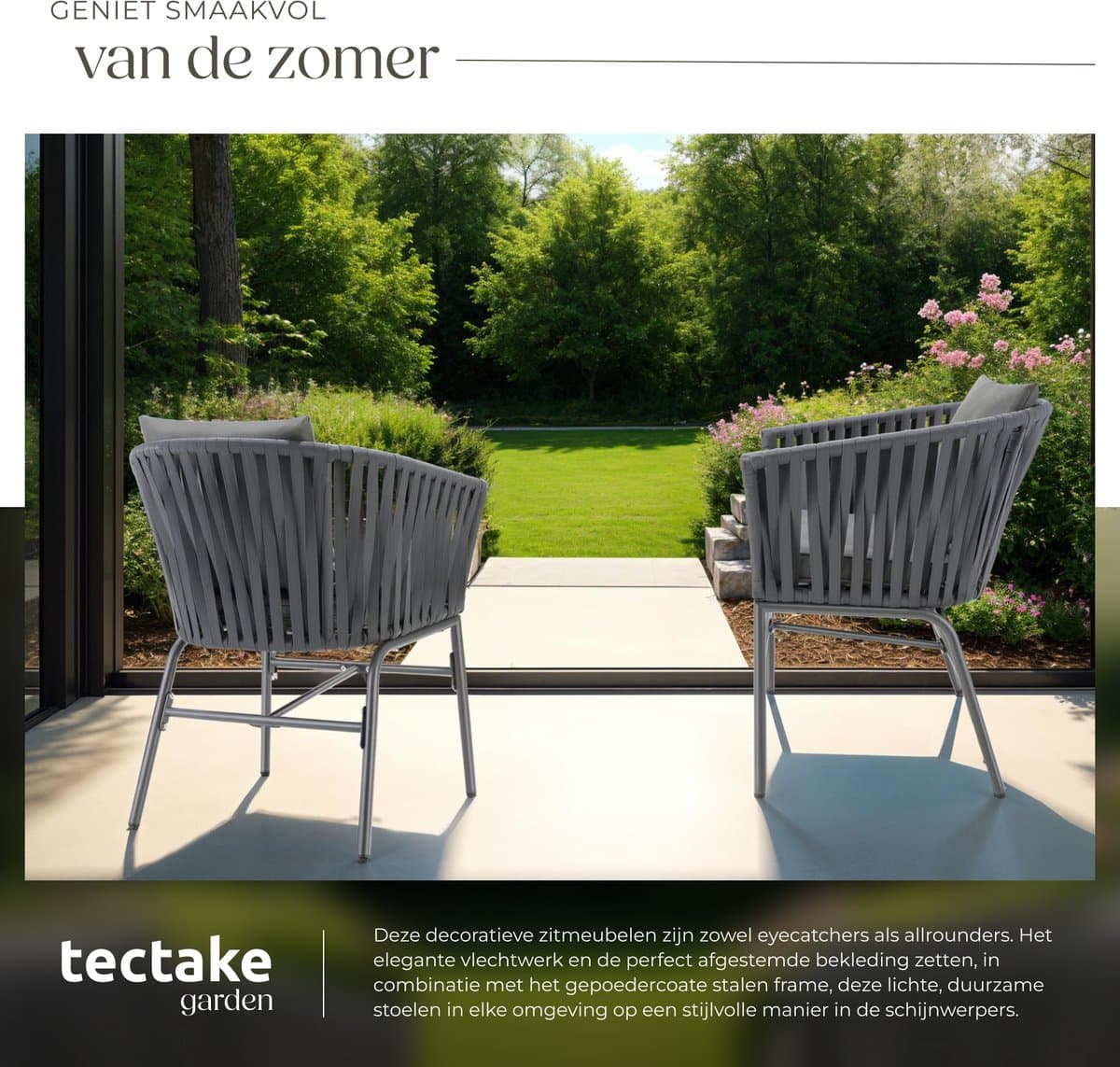 tectake® Tuinstoelen Valeiras - Set van 4 - Metalen Buitenstoel met Rope Design - Terrasstoel met Armleuningen - Tuinstoel - Tuin Fauteuil - Tuinmeubels - Tuinset met Waterafstotende Kussens en Verstelbare Poten thumbnail 5