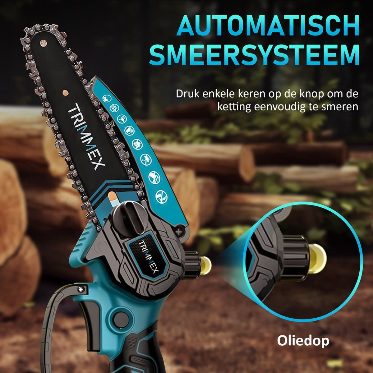 Trimmex® Mini kettingzaag + Telescopische steel - Inclusief 2 Led-Accu's - 2X 4000mAh - Elektrisch Handkettingzaag - Snoeizaag - Takkenzaag - Handzaag - Boomzaag - Automatische Kettingsmering - Brushless thumbnail 6