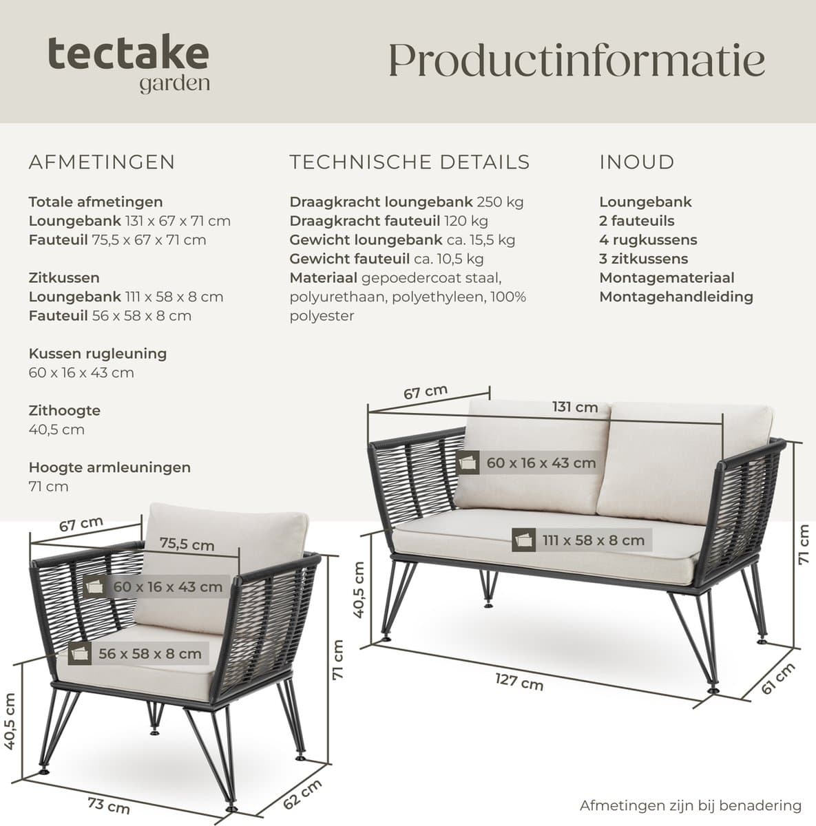 tectake® Loungeset Sundo - Tuinset in Rope-Design - Tuinbank en Tuinstoelen met Kussens - Weerbestendig thumbnail 2