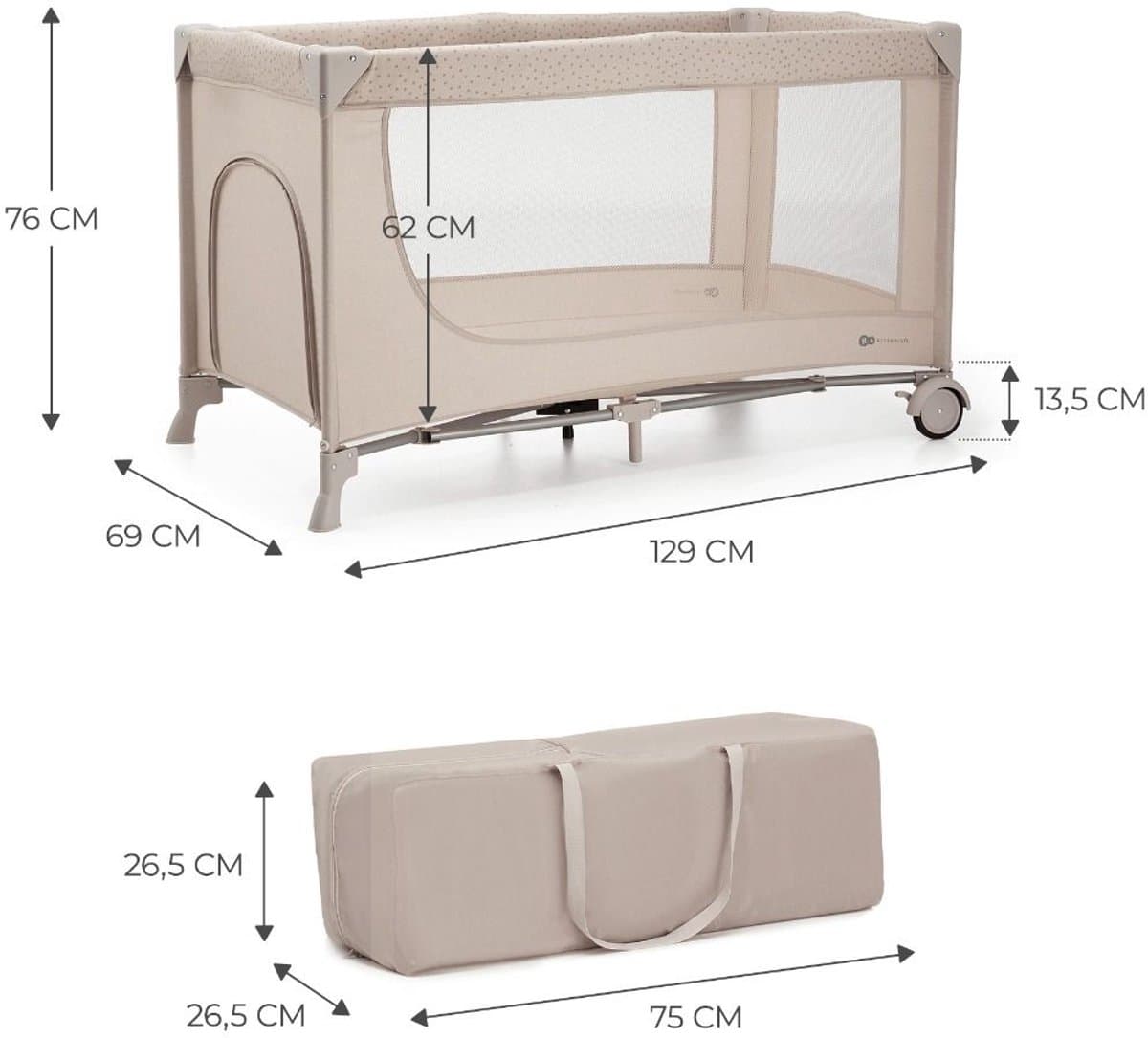 Kinderkraft JOY 2 ACC Reisbed 3-in-1 – Voor baby's tot 15 kg – Snel inklapbaar – Inclusief speelcarrousel, luierplateau, aankleedonderlegger en draagtas – Beige thumbnail 7