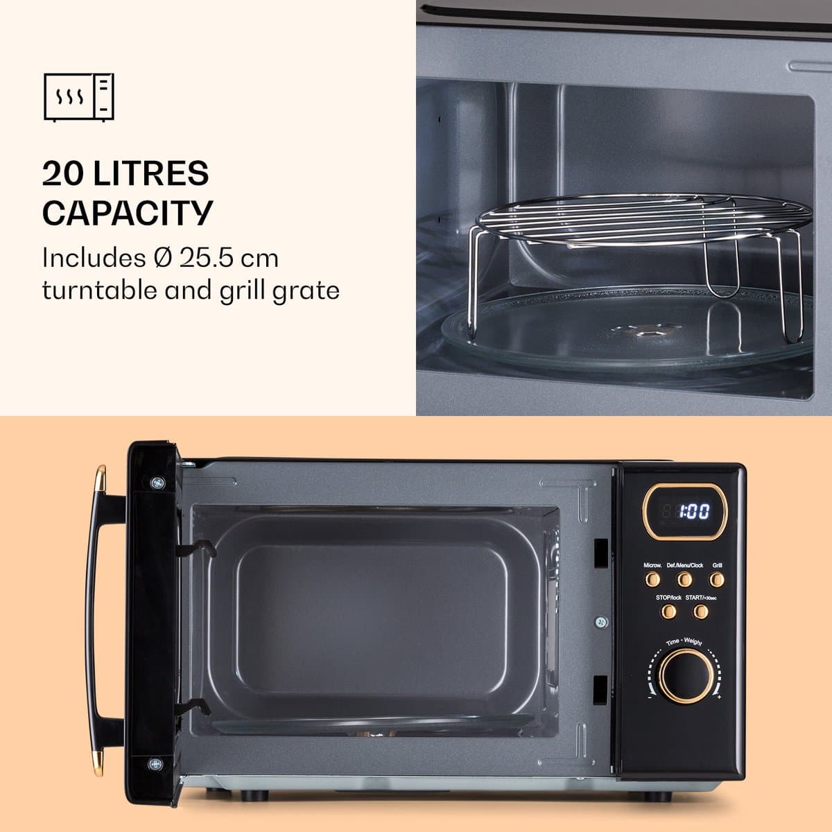 Klarstein Magnetron met Grill, 800 W, 20 Liter, 3-in-1 RVS Zwart, Met Ontdooien en Pizzafunctie, Draaiplateau, Compact - voor Keuken - Bruin - Microwave Combimagnetron Microgolfoven Microwave Oven thumbnail 3