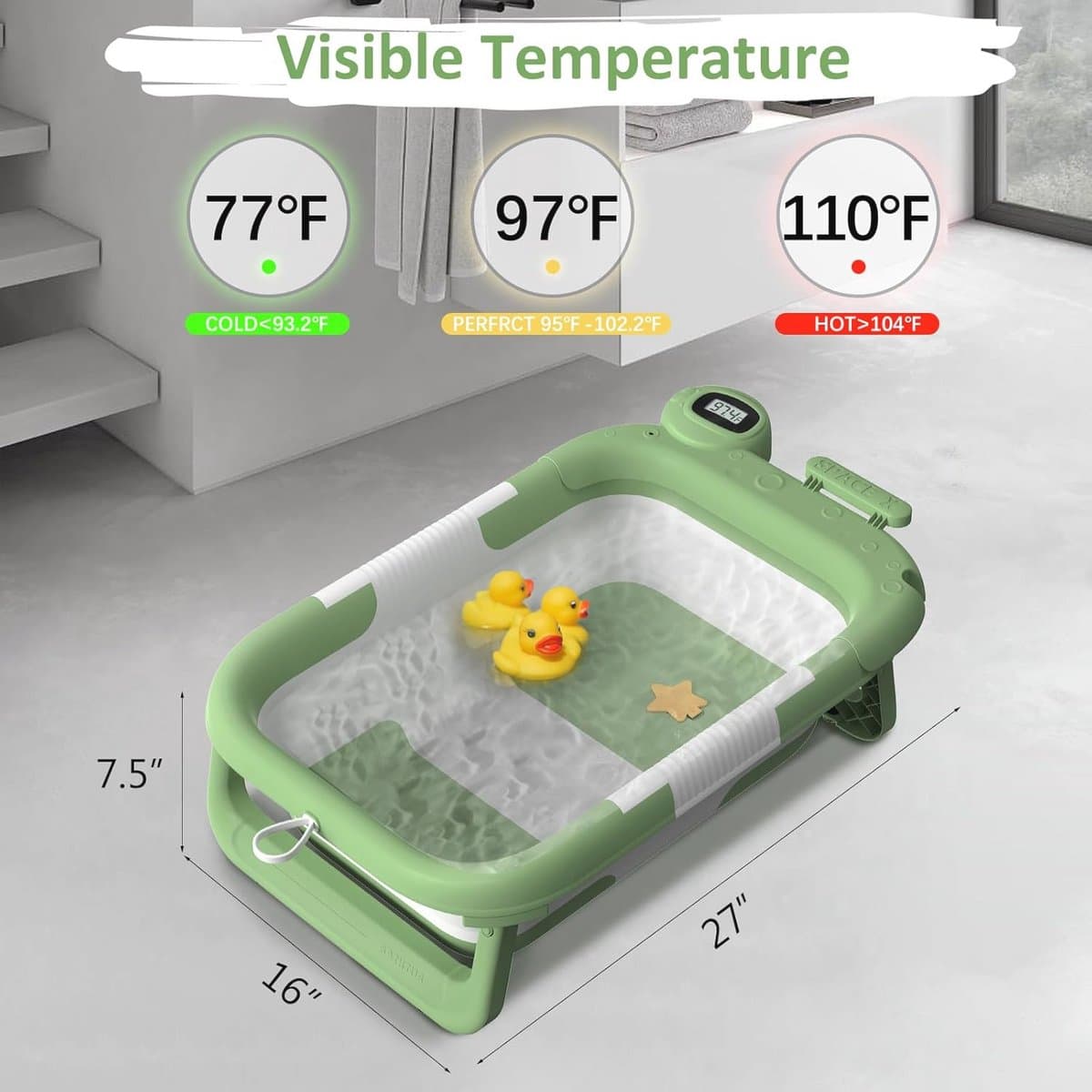 Opvouwbare babybadkuip met temperatuurmonitor en drijvend kussen - Draagbaar babybad voor 0-36 maanden thumbnail 4