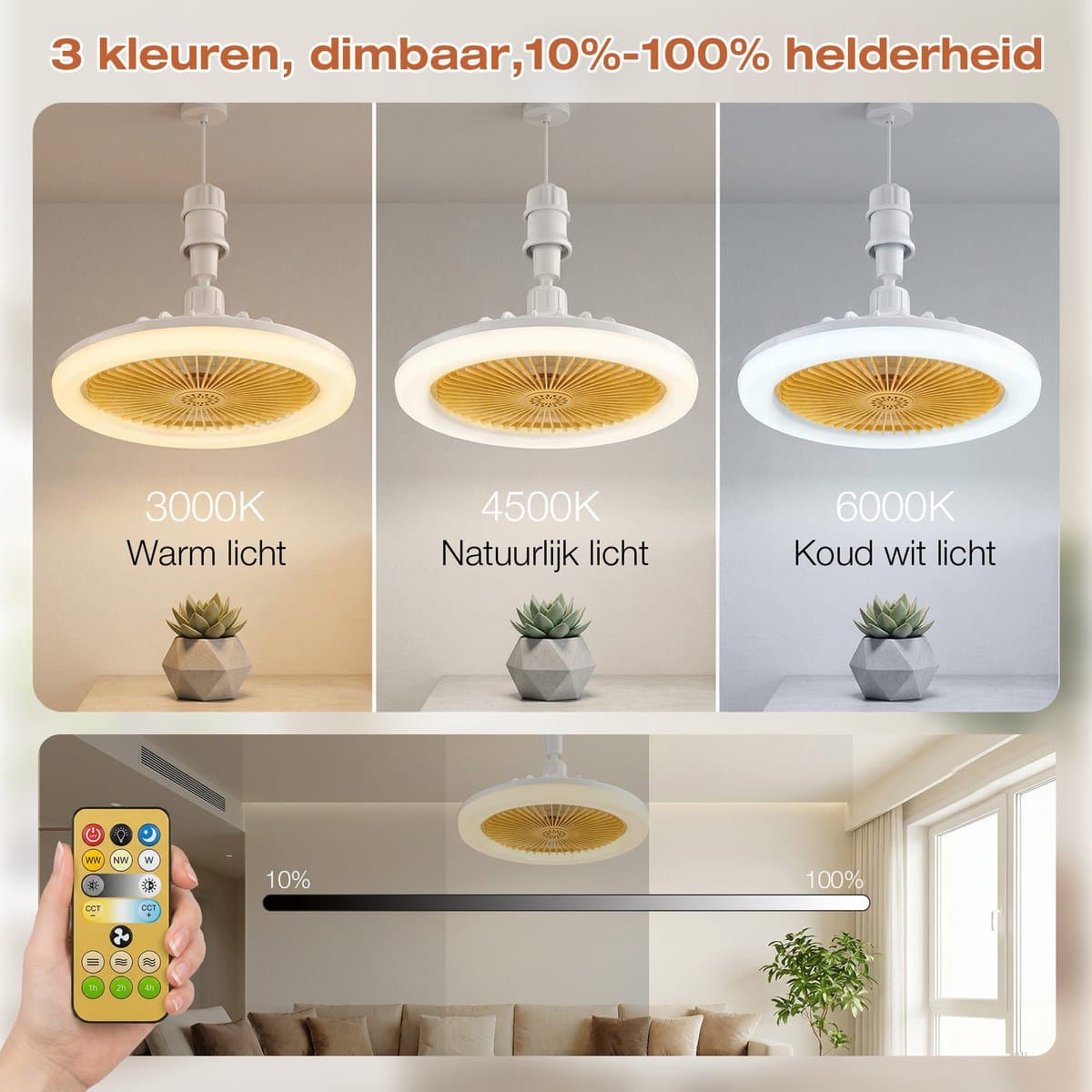 MUPOO Plafond ventilator met LED verlichting E27 Fitting met 360° Draaibaar - APP & Afstandsbediening -Eenvoudige Installatie -Snel te Installeren - 3 Snelheden & Dimbaar - Mini lamp ventilator plafond Voor Slaapkamer & Keuken -Geel thumbnail 3