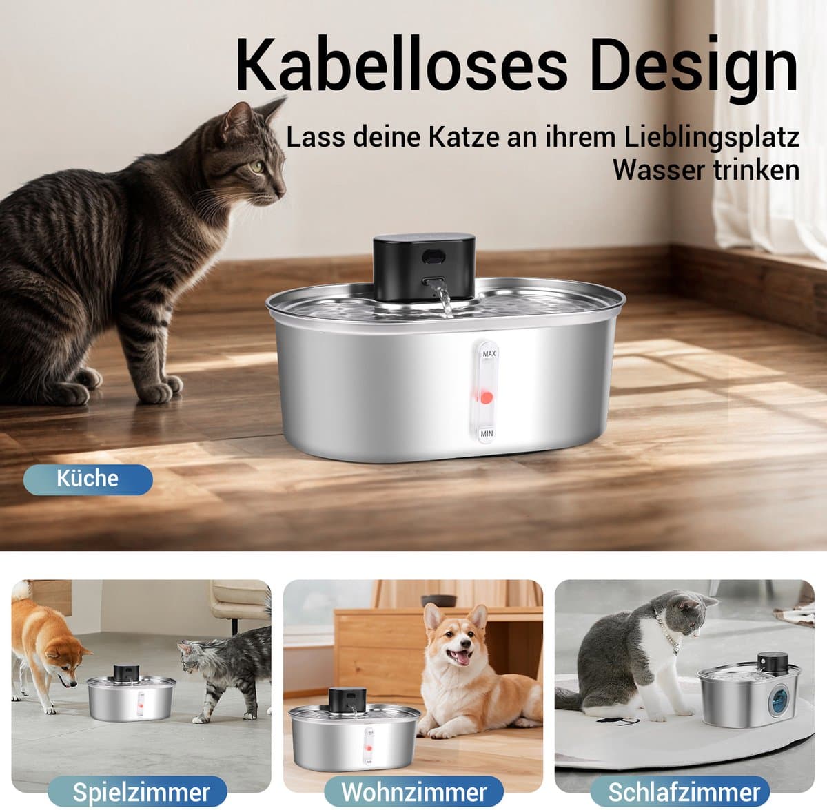 Dreamhigh® Draadloze Drinkfontein - Kattenfontein - 3.5L - RVS - Met Sensor en Accu - Fluisterstil - 2 Wasserfluss Modi - Waterfontein voor Katten en Honden thumbnail 2