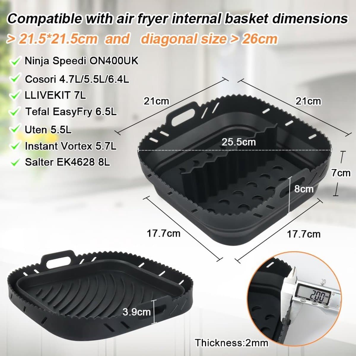 Luchtfriteuse Liner Siliconen met Verdeler, Vierkante Siliconen Luchtfriteuse Accessoires voor Ninja Speedi 5,7L / Cosori 5,5L/ Tefal/ Instant Vortex/ Philips Luchtfriteuse, 20,3 cm thumbnail 2