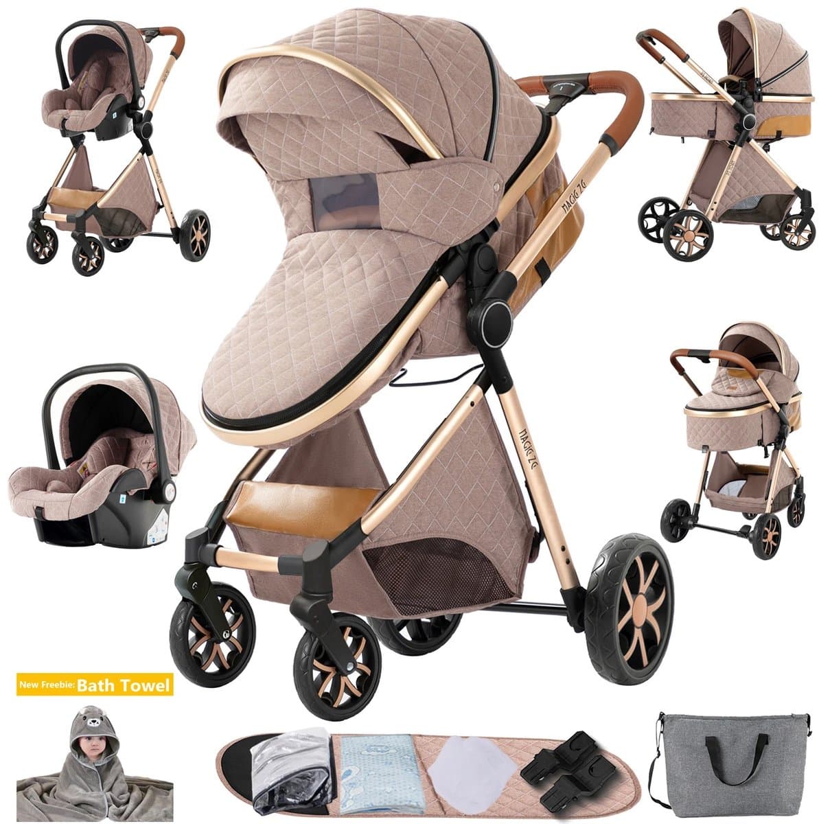 Kinderwagen Reis Systeem - 3-in-1 Kinderwagen - Veilig Vervoer - Lichtgewicht Aluminium Frame - Vanaf Geboorte - Khaki - afbeelding 1