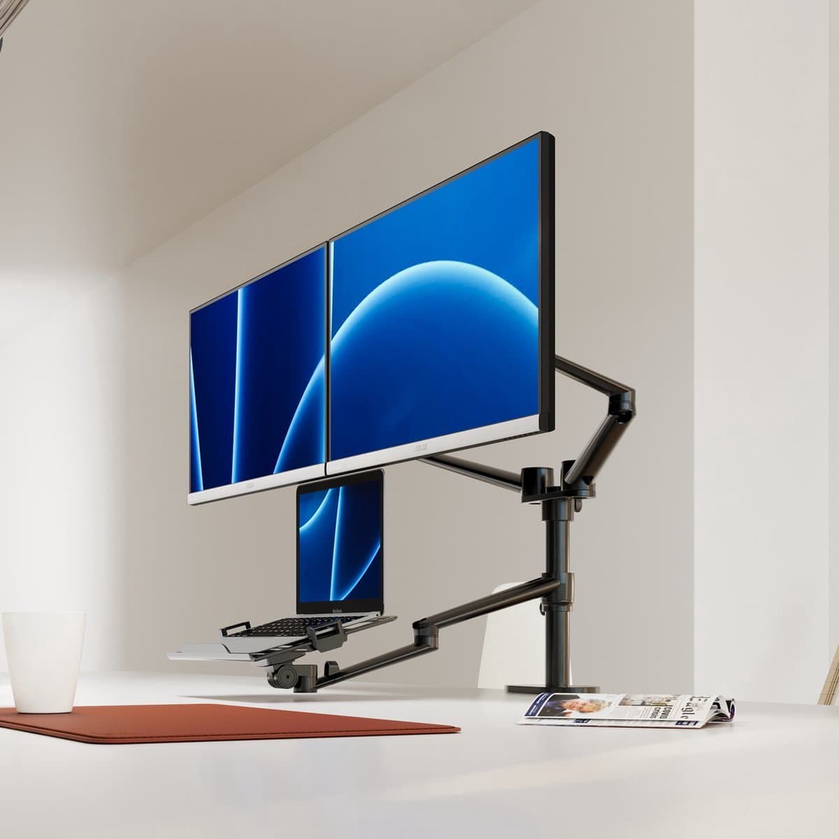 Alberenz® Dubbele Monitor Arm met Laptop Standaard zwart - Monitor beugel voor 2 schermen - Monitorbeugel - Ergonomisch ontwerp - Laptopstandaard thumbnail 7
