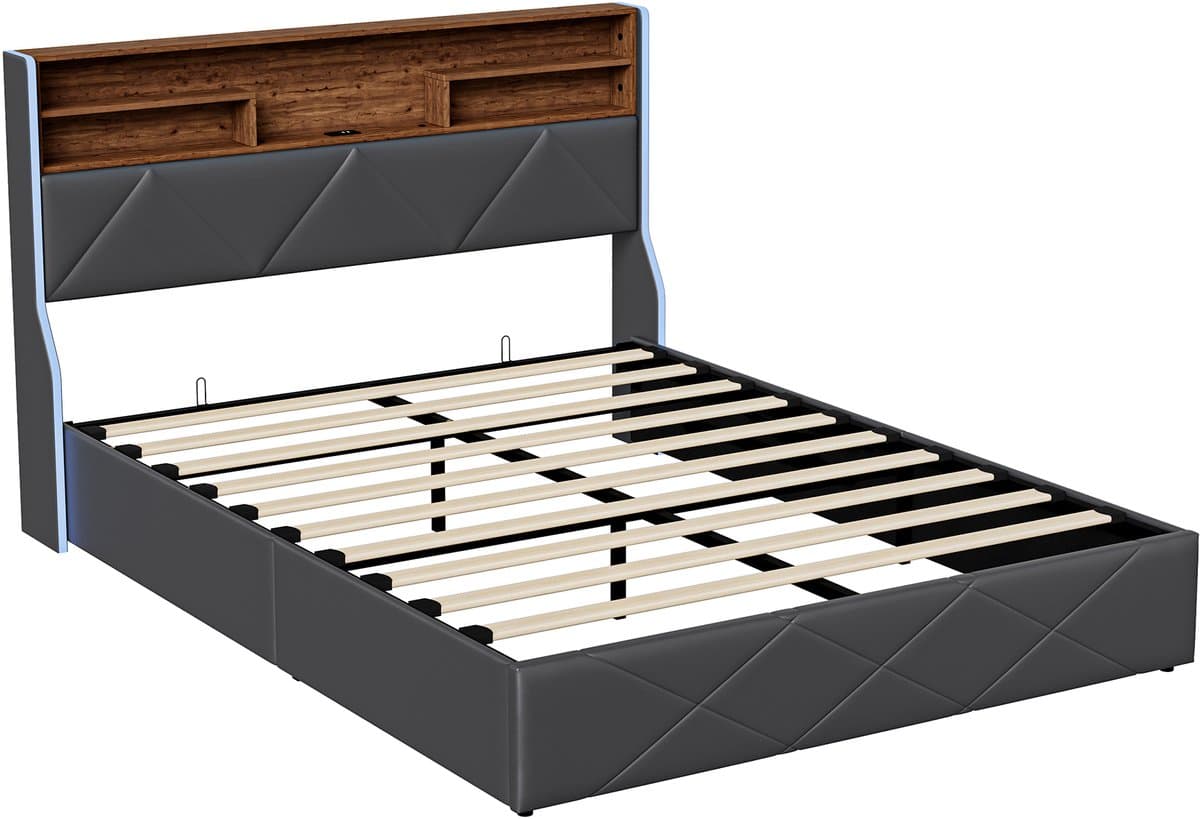 Zwart PU Tweepersoonsbed 160x200 cm – LED Hydraulisch Opbergbed met USB & Type-C, Hoofdbord met Opbergruimte thumbnail 2