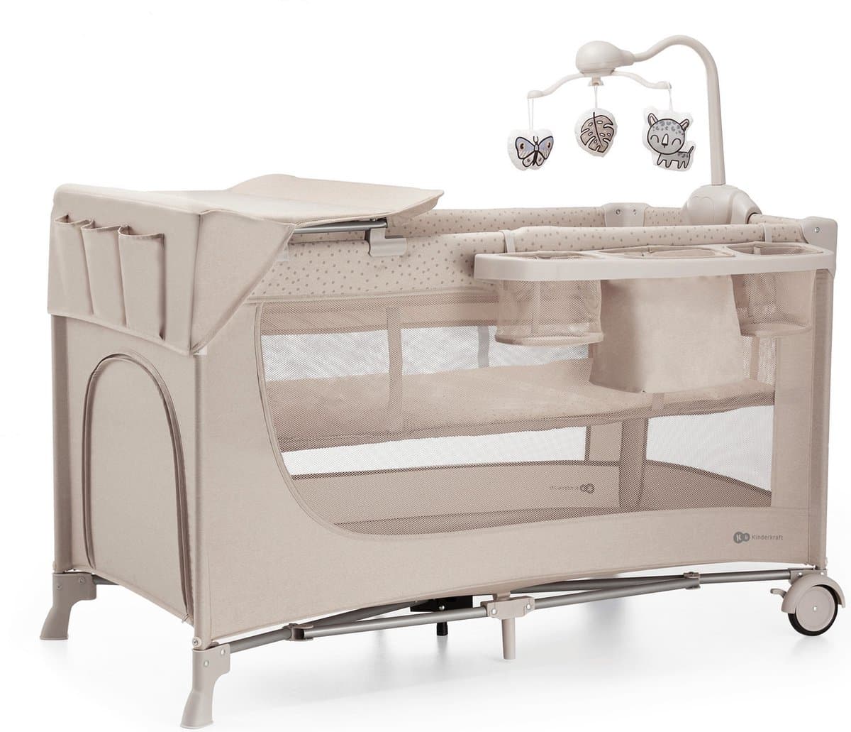 Kinderkraft JOY 2 ACC Reisbed 3-in-1 – Voor baby's tot 15 kg – Snel inklapbaar – Inclusief speelcarrousel, luierplateau, aankleedonderlegger en draagtas – Beige thumbnail 3