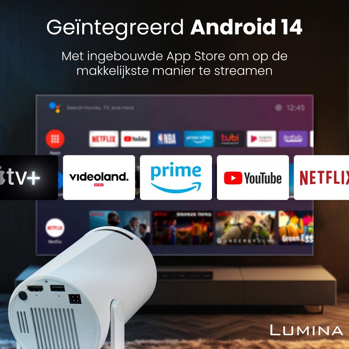 Lumina® Pro Mini Beamer 2026 – Android 14 Smart Projector met Google Playstore – Thuisbioscoop – Voor iOS & Android – WiFi 6 & Bluetooth 5.4 – Wit thumbnail 2