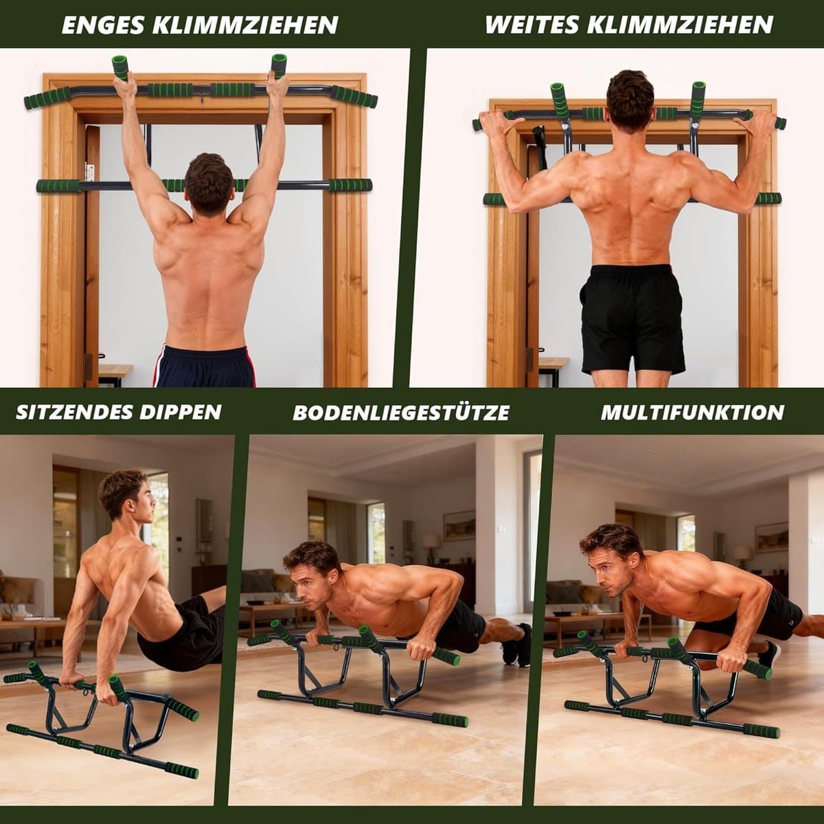 NETTLIFE Pull Up Bar - Pull-upstang voor deurkozijn - 140kg Draagkracht - met gewatteerde antisliphandgrepen - Optrekstang Wandmontage - Trainingsapparaat voor deurkozijn 80-90 cm - Pull Up Station voor Thuis Sporten - Thuis Fitness - groen thumbnail 2