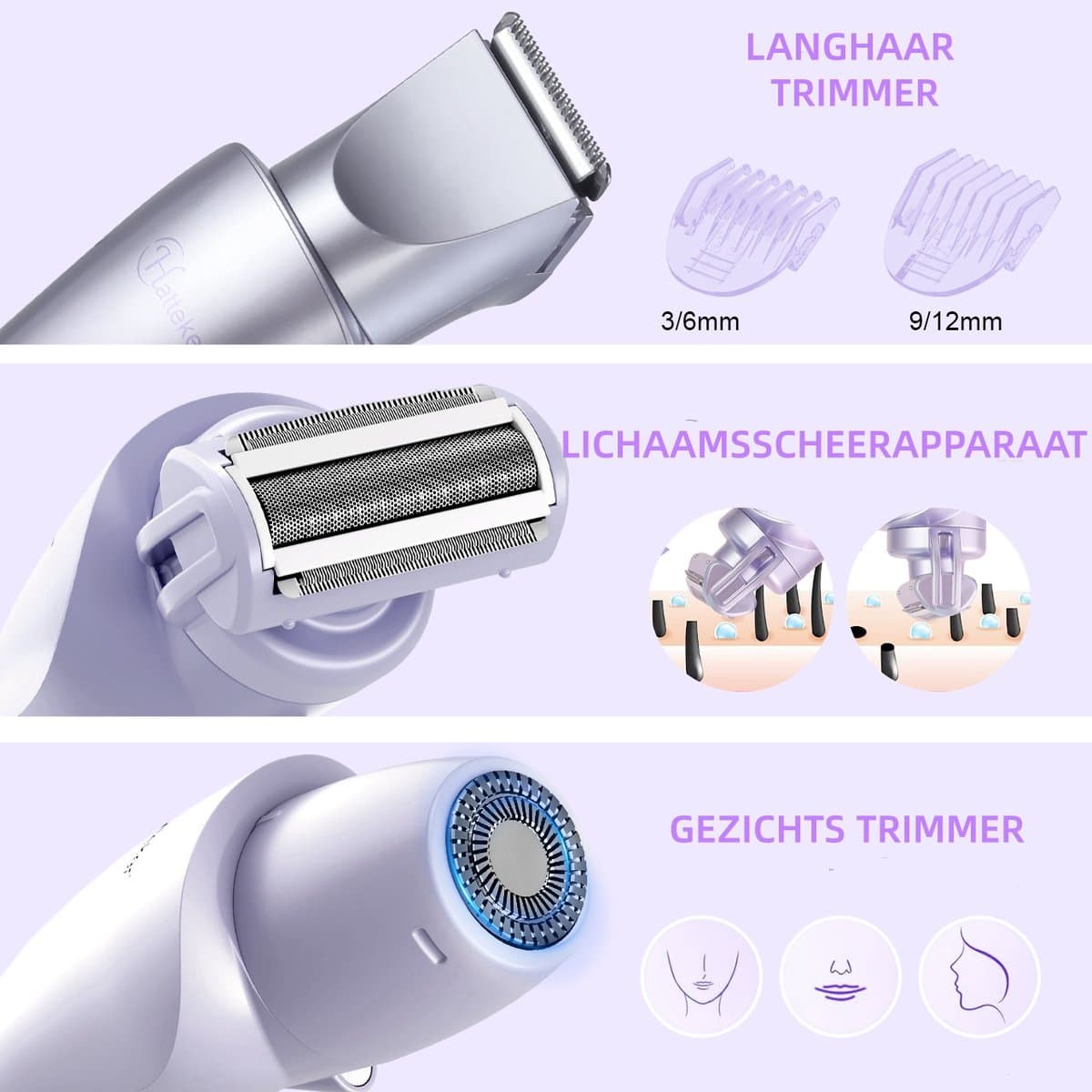 Hatteker 3-in-1 Ladyshave voor Vrouwen – Dames Scheerapparaat – Epileerapparaat – Trimmer voor Benen, Bikinilijn en Oksels – Epilator – Waterdicht IPX7 – Paarse thumbnail 4